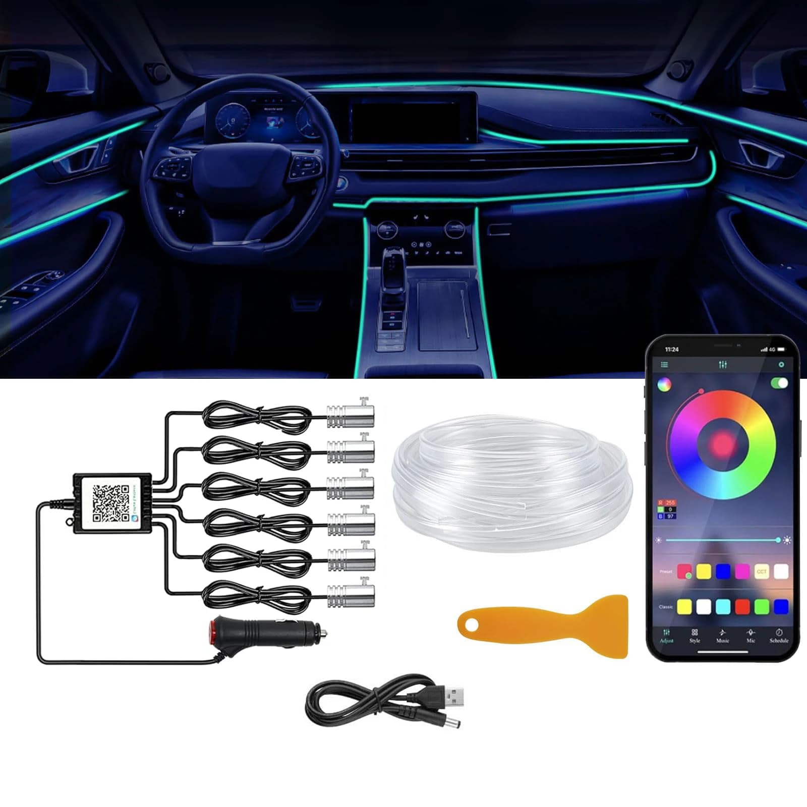 Fita de LED RGB 12V DIY com Fio EL Flexível para Iluminação Neon em Interiores de Carros, Controle por Aplicativo, Lâmpada Decorativa de Ambiente