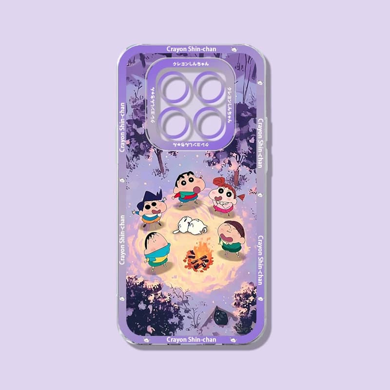 Capa roxa para Xiaomi Redmi Note 15 com desenho animado Shin Chan em volta de fogueira, proteção de câmera