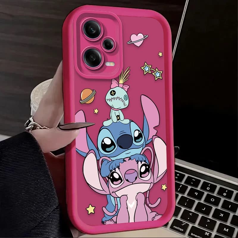 Capa para celular rosa escuro macia infantil com estampa Disney Stitch e personagens para Xiaomi Redmi e Poco 4G/5G