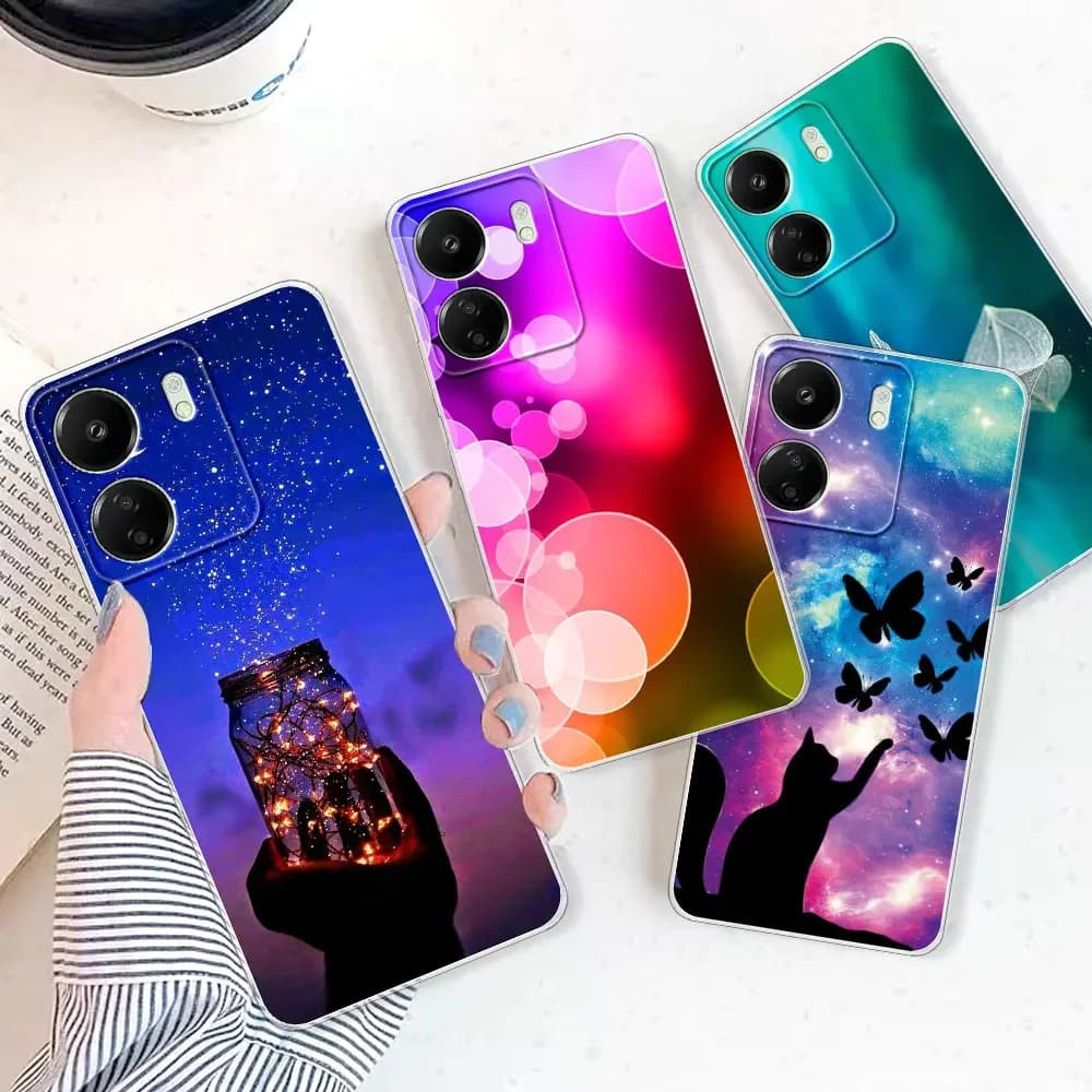 Capas para Xiaomi Poco C65 C55 C51 C50 com estampas coloridas de luzes, gato e borboletas em silicone flexível
