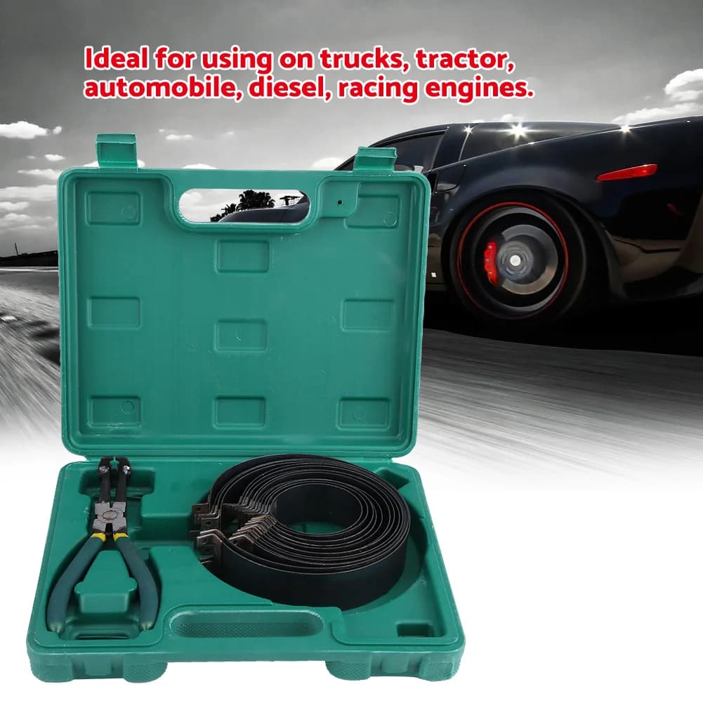 Conjunto de alicates de compressor de anel de pistão para motor automotivo com faixa preta e alicate verde e amarelo