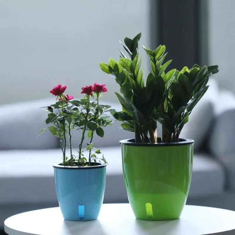 Conjunto de vasos azul e verde com rega automática e nível de água visível para plantas