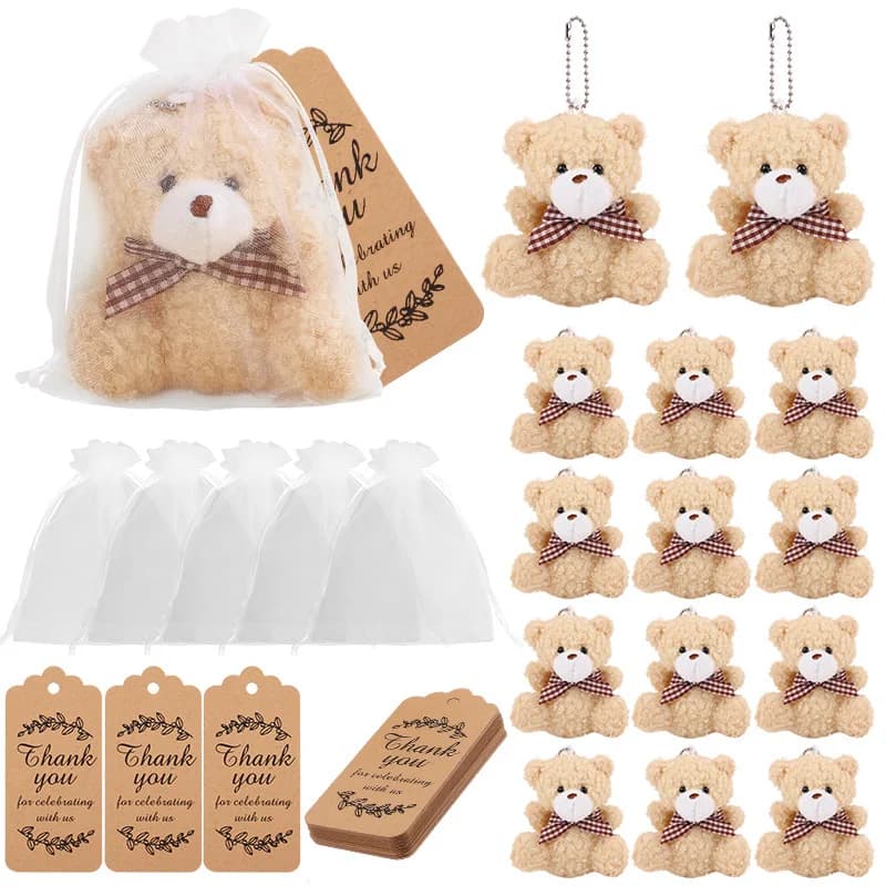 Kit de 30 ursinhos de pelúcia com laço xadrez e etiquetas de agradecimento