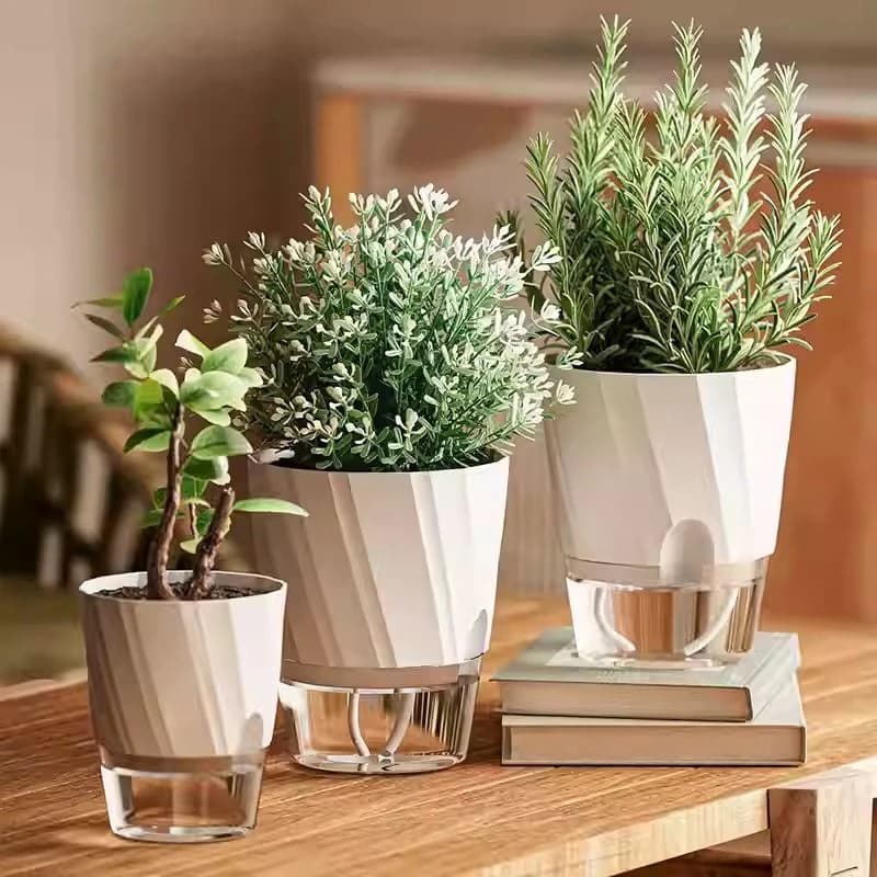 Vasos hidropônicos automáticos com absorção de água em um ambiente interno, com plantas verdes e uma mesa de madeira.
