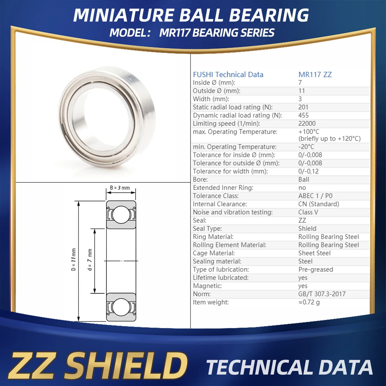 Rolamento de esferas Fushi MR117 ZZ prata com proteção ZZ shield, aço resistente à corrosão, 7x11x3mm