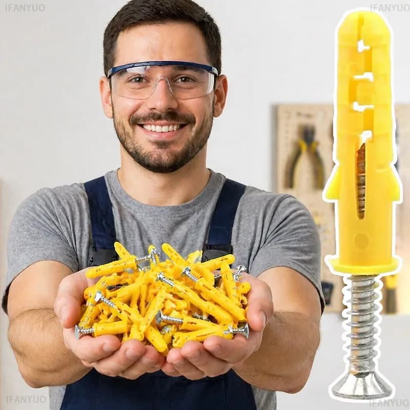 Homem segurando parafusos de ancoragem nylon amarelo M6 alta resistência em ambiente de trabalho