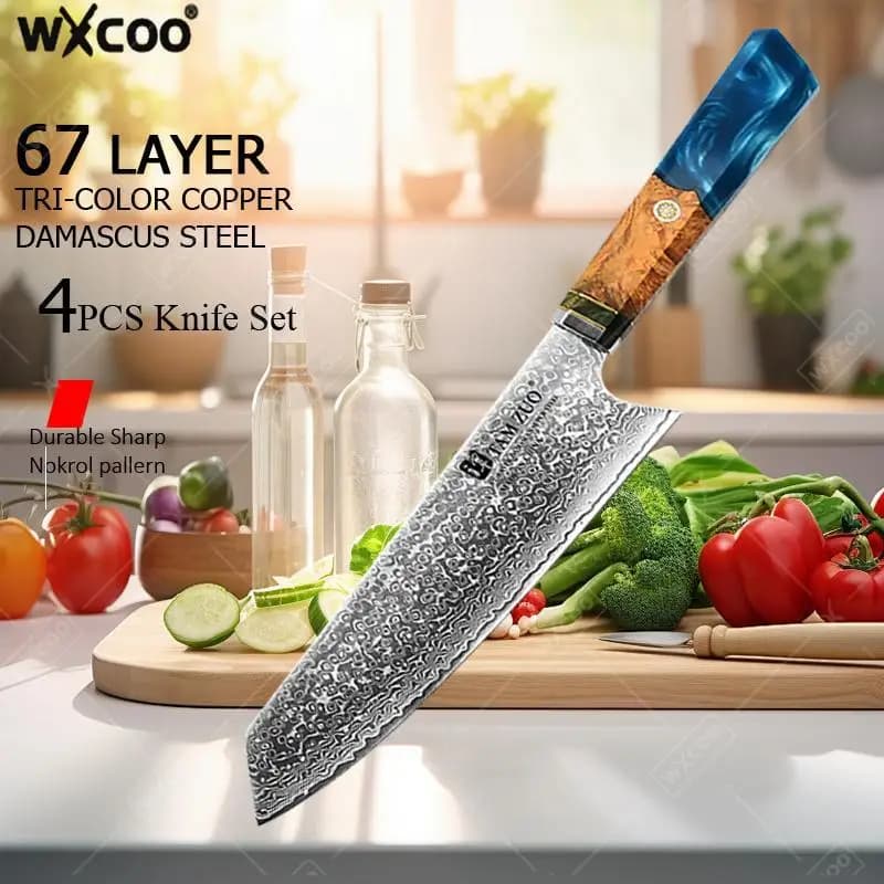 Faca Wxcoo Japonesa Kiritsuke com Cabo Azul e Lâmina de Aço Damasco