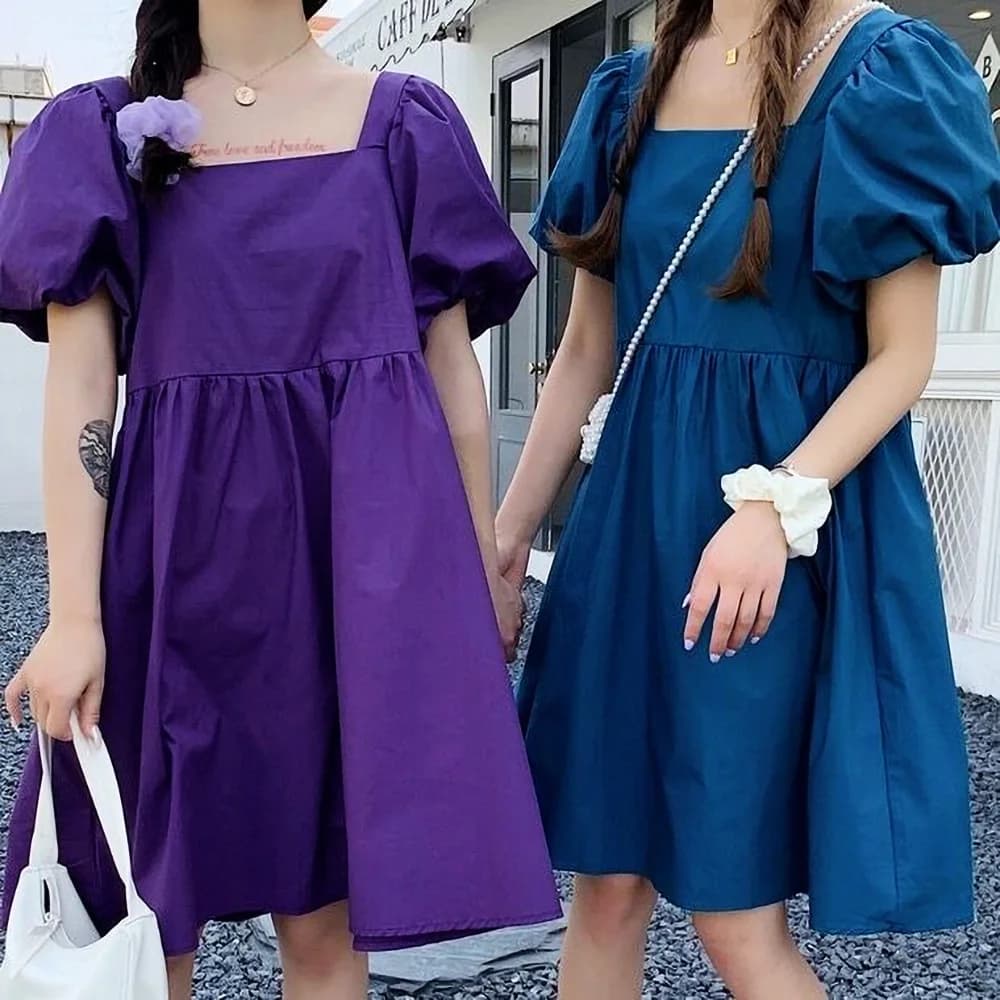 Vestidos femininos em tecido popeline algodão liso azul e roxo com mangas bufantes