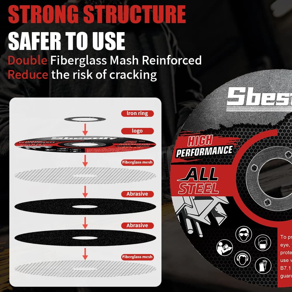 Disco de corte Sbestily All Steel com estrutura reforçada em fibra de vidro para maior segurança e resistência