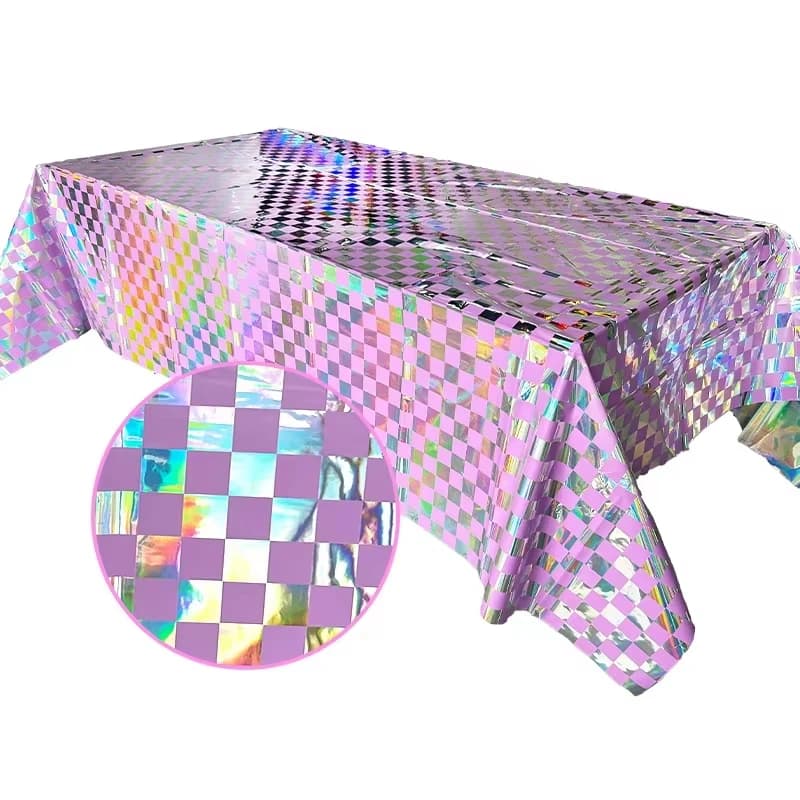 Toalha de mesa holográfica roxa com padrão quadriculado para festa grande