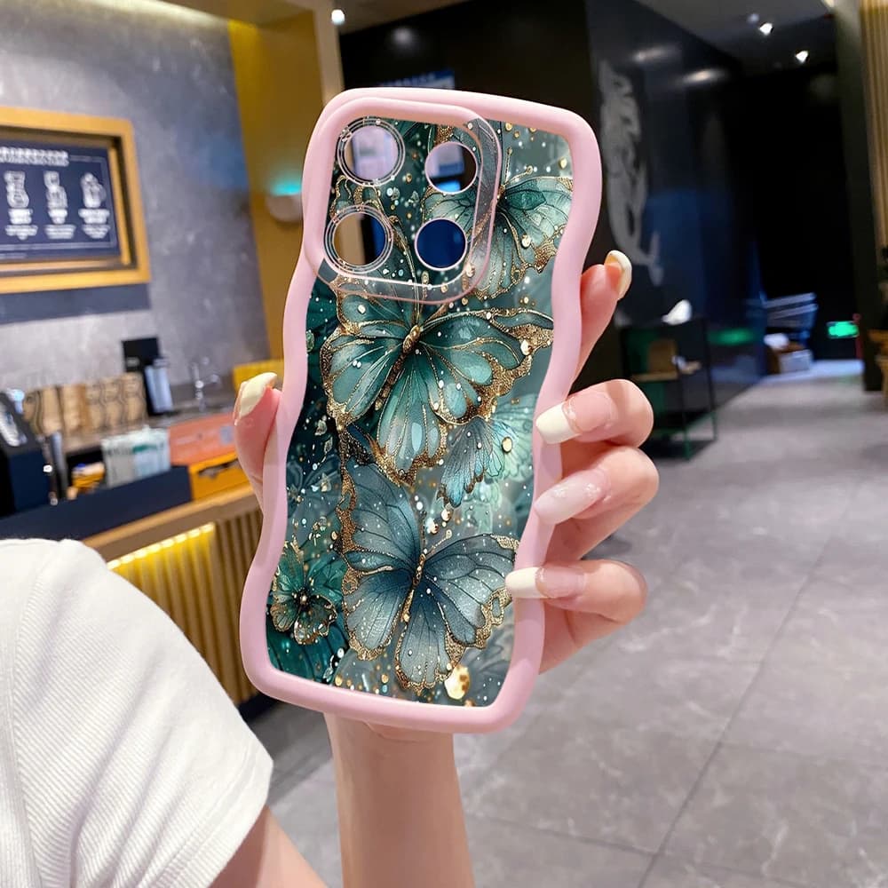 Capa para Xiaomi Redmi Note 14 com borboletas verdes e borda rosa em silicone flexível