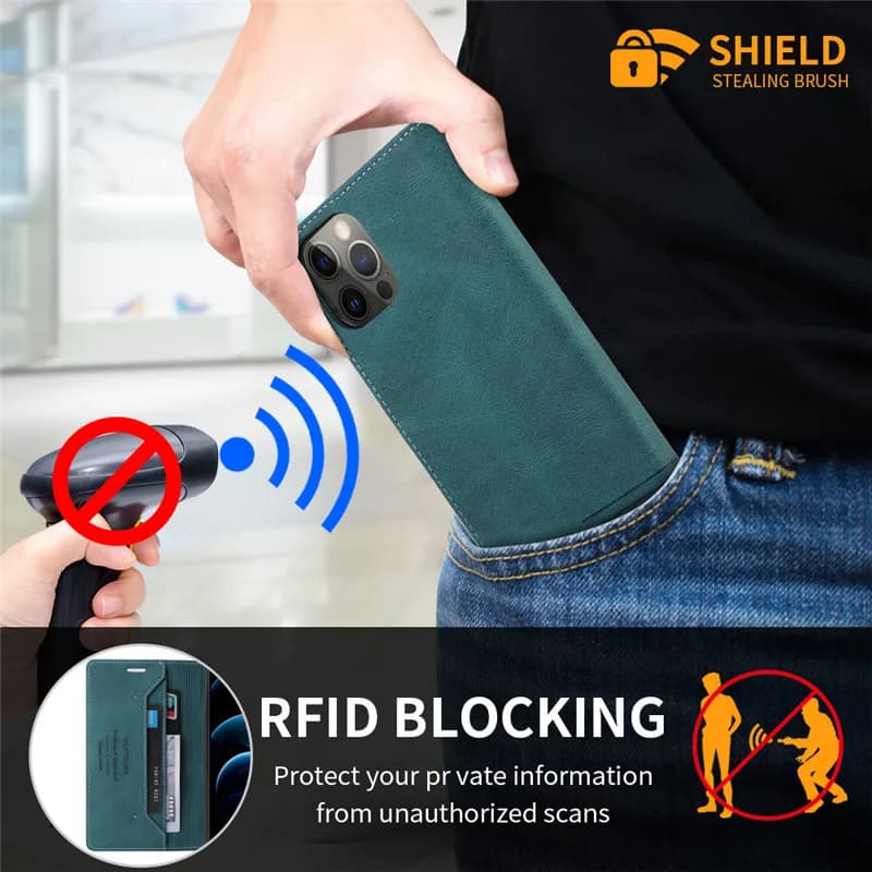 Capa carteira verde para Xiaomi Poco F5 Pro com proteção RFID contra escaneamento não autorizado de cartões