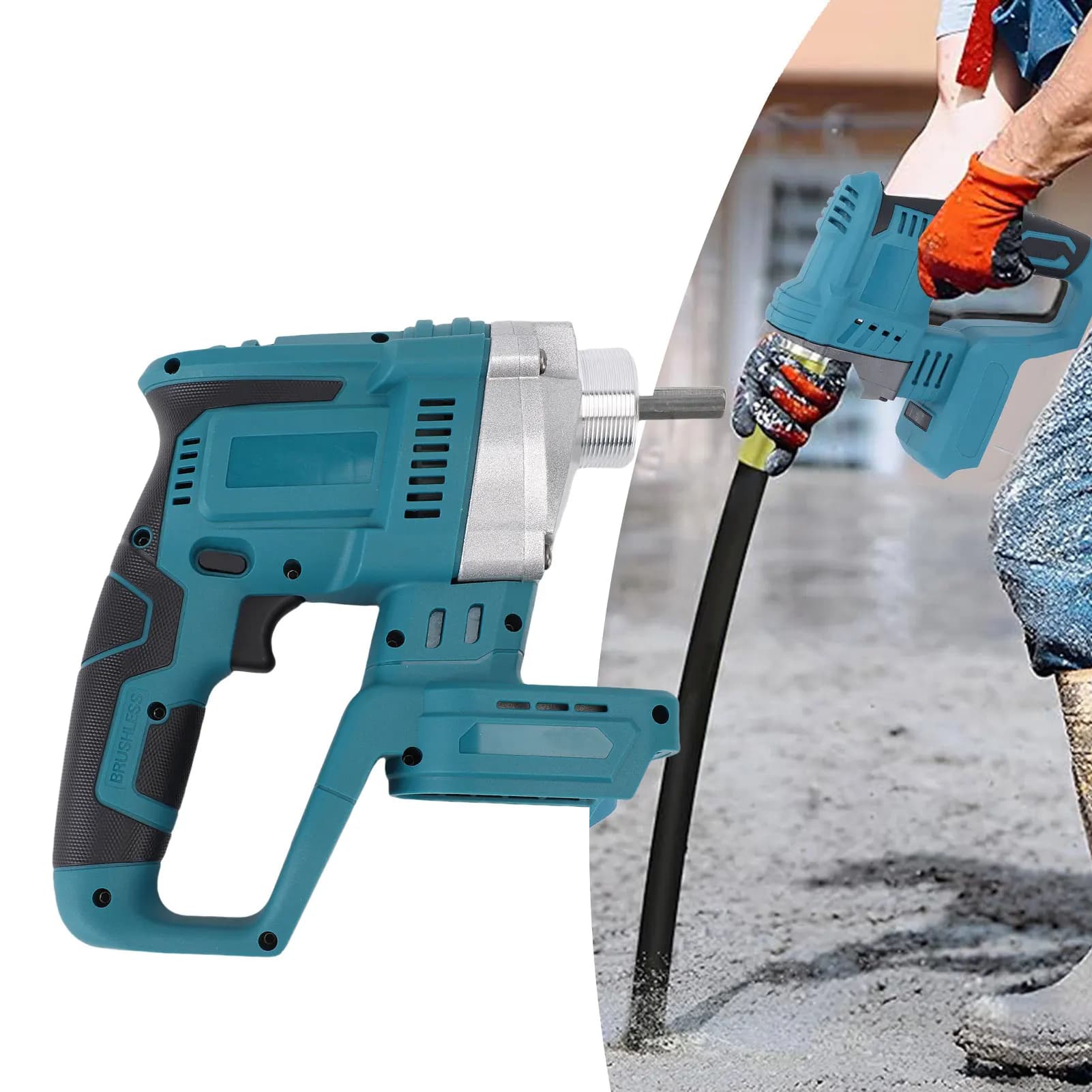 Vibrador de concreto elétrico profissional azul sem fio com carcaça de alumínio em uso na construção
