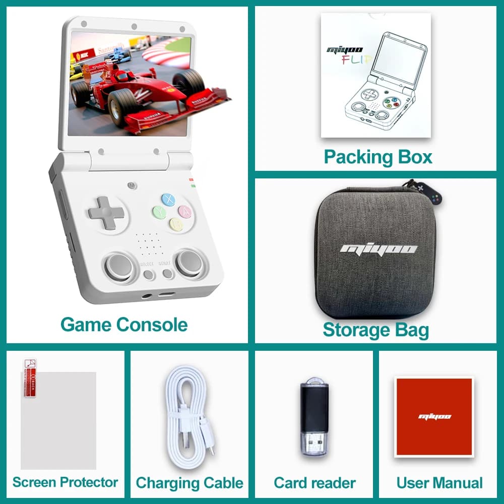 Conteúdo da embalagem do console Miyoo Flip V2 inclui console, bolsa, cabo, protetor e manual