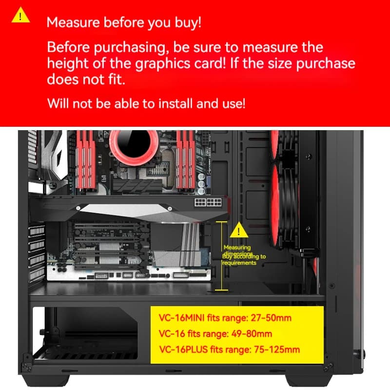 Suporte para placa de vídeo GX-30 preto instalado em gabinete com indicação de medidas ajustáveis para diferentes tamanhos de GPU