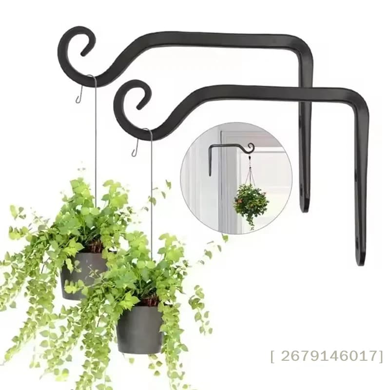 Suporte de ferro preto para plantas suspensas com dois vasos verdes