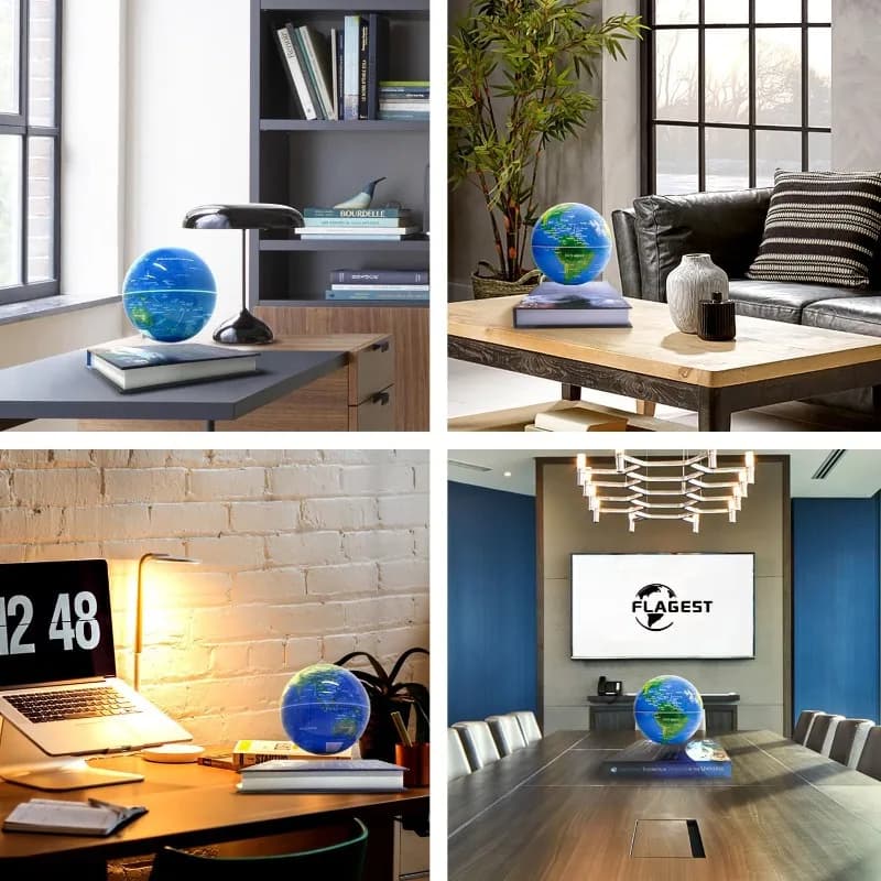 Globo terrestre magnético flutuante decorativo em ambientes internos variados como escritório e sala de estar