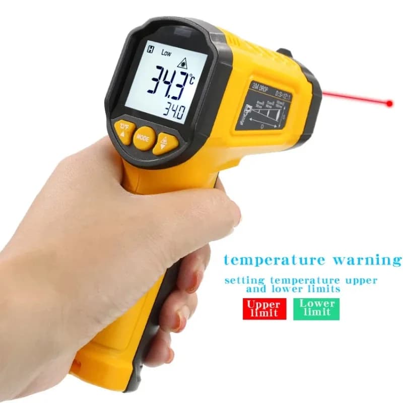 Termômetro infravermelho sem contato TS380 amarelo e preto com laser e display digital medindo temperatura