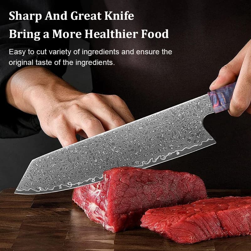 Faca Kiritsuke japonesa em aço damasco 67 camadas cortando carne vermelha fresca