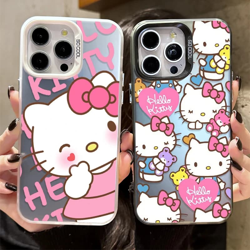 Capa protetora transparente para iPhone 11 com estampa de Hello Kitty, moldura branca, design rosa e azul.