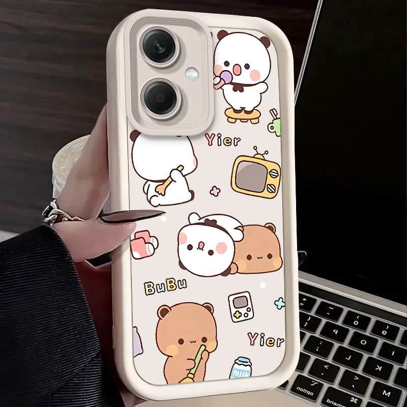 Capa para Xiaomi Redmi Note 14 em silicone líquido com estampa de ursinhos fofos em fundo branco