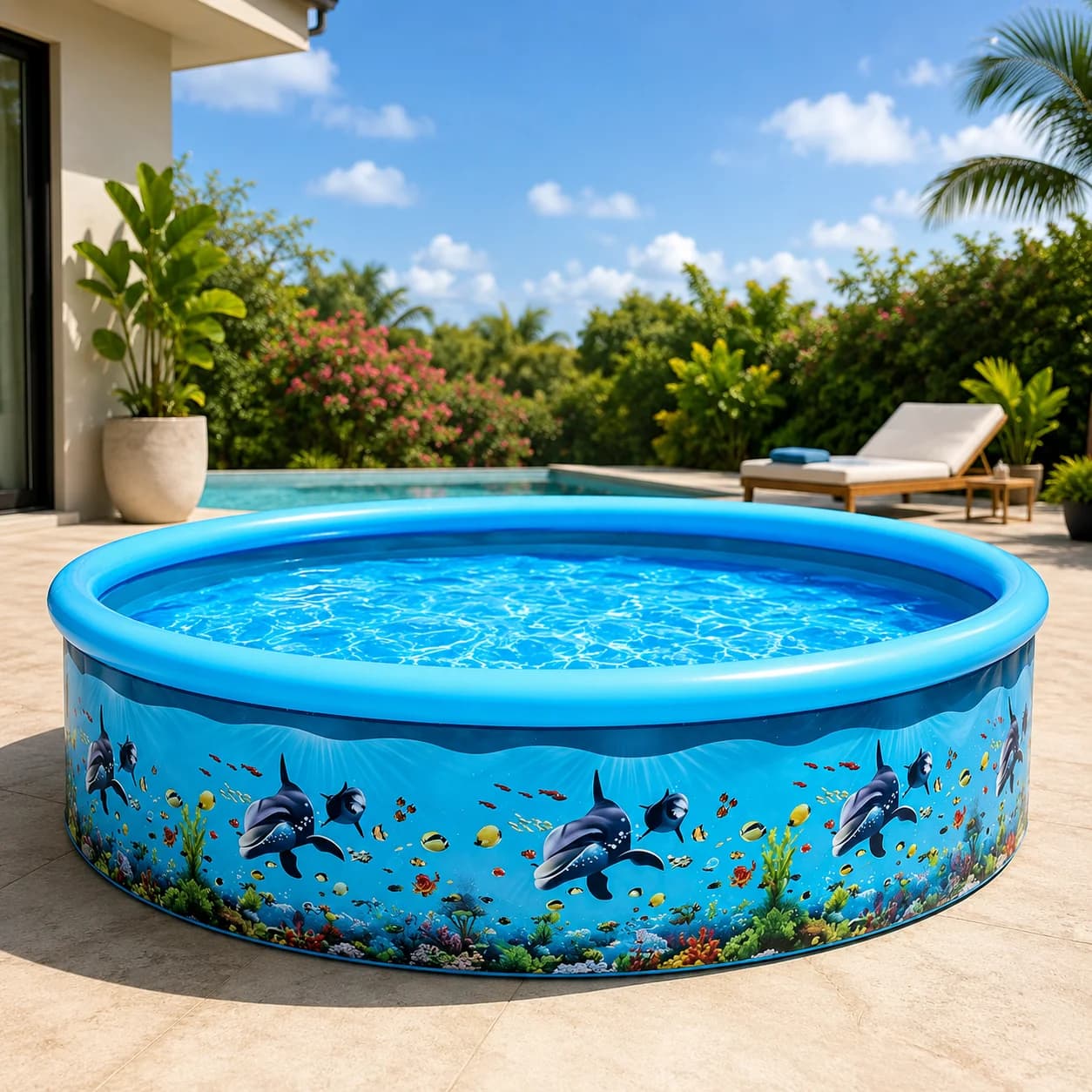 Piscina inflável infantil azul cheia de água com estampa de golfinhos em área externa com paisagem tropical