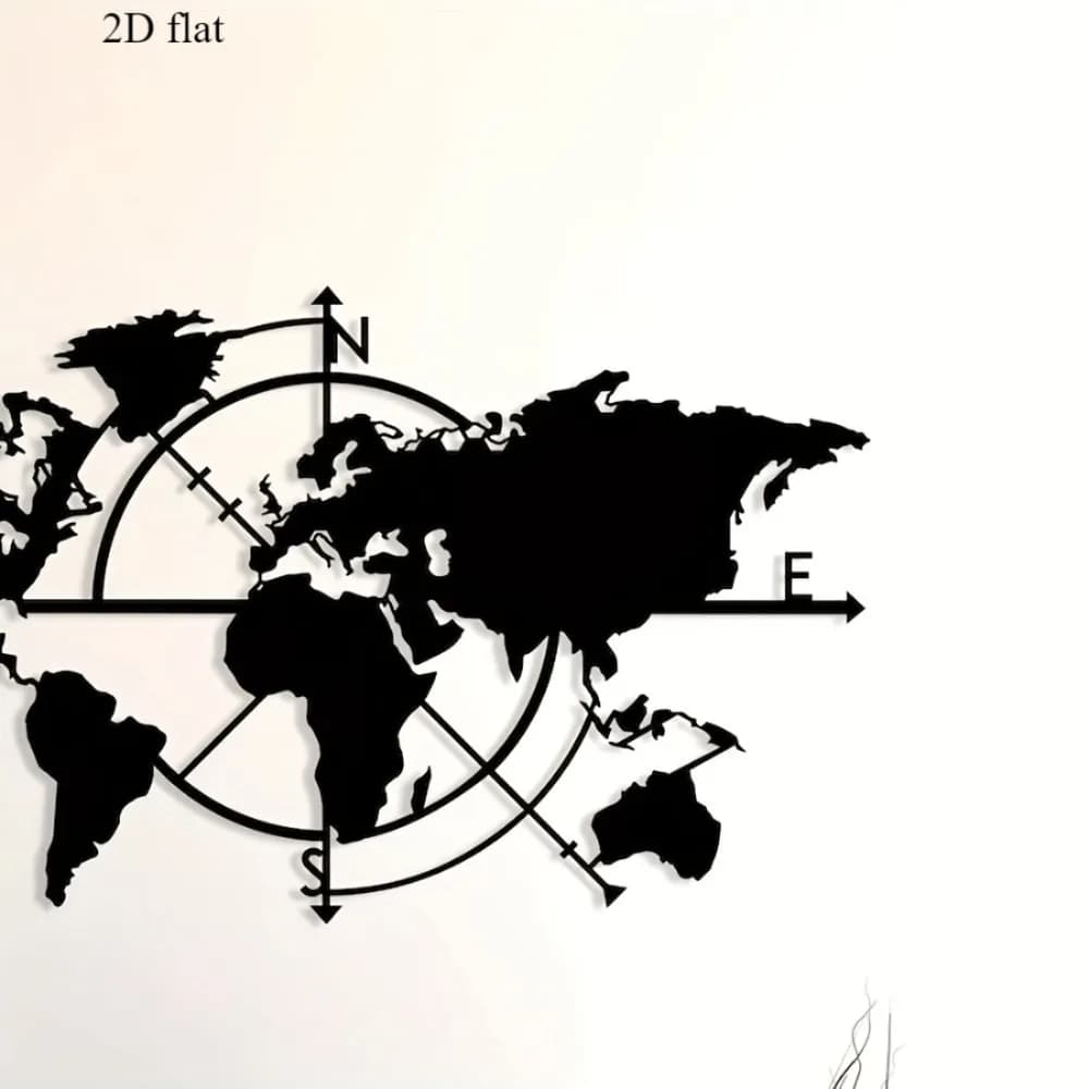 Detalhe do quadro decorativo mapa-múndi preto 2D em metal com bússola e setas de direção