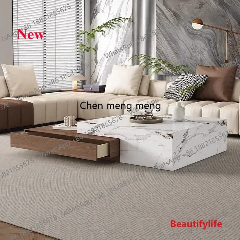 Mesa de Centro A55 para Sala de Estar Estilo Nórdico, Moderna com Tampo de Laje, Gavetas de Luxo, Qualidade Delicada, Mobiliário para Casa