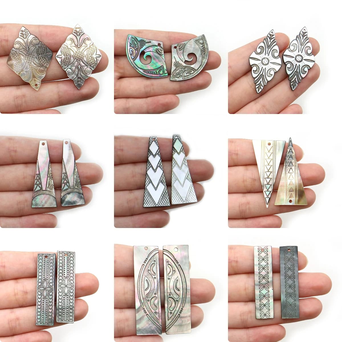Pingentes de pérolas e conchas com designs geométricos e florais, cinza e verde, para fazer jóias DIY.
