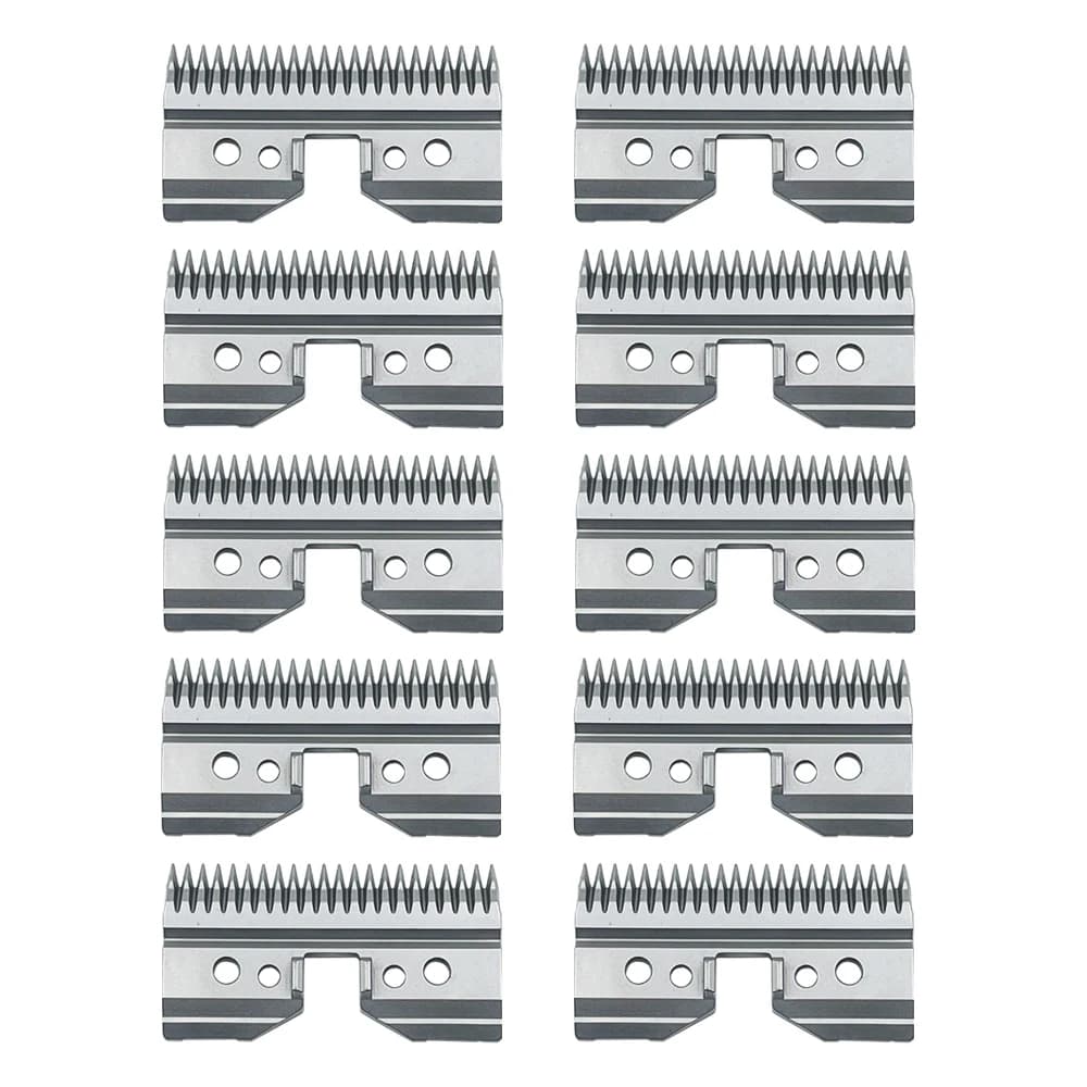 Lâminas de metal para clipper de animais, seis unidades, fundo branco, design de dentes em forma de U, furos de fixação, cor prata metálica.
