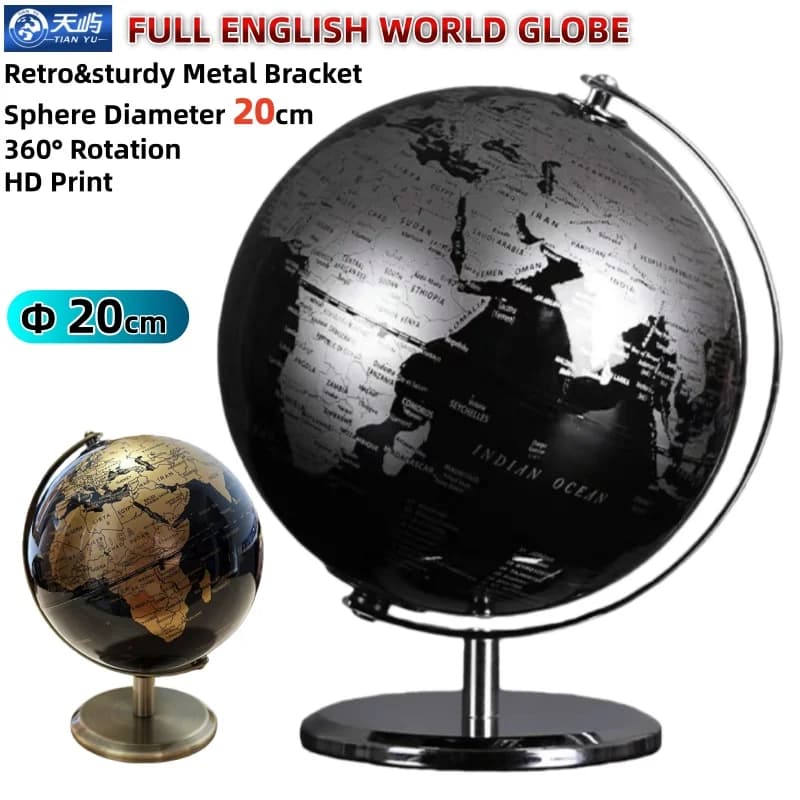 Globo terrestre com impressão HD, diâmetro de 20 cm, preto e branco com detalhes em ouro, suporte metálico, base giratória.