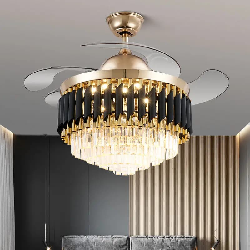 Ventilador de teto de luxo com design de cristal e lâmpada LED, acabamento em ouro e preto, lâminas retráteis, controle remoto.