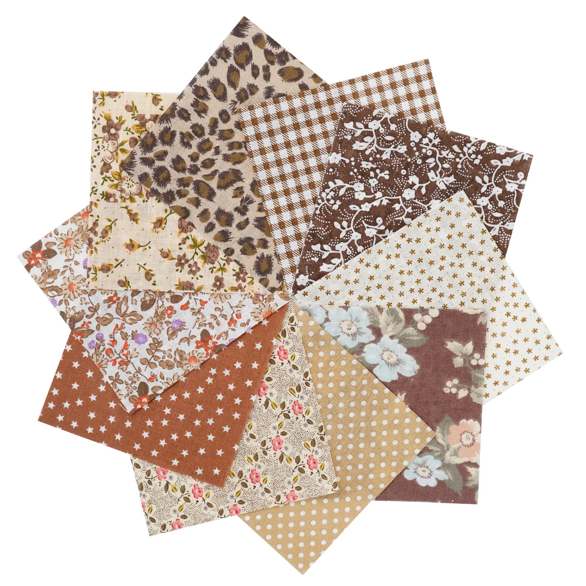 Tecido para artesanato algodão floral marrom com estampas variadas em quadrados 5x5cm e 10x10cm