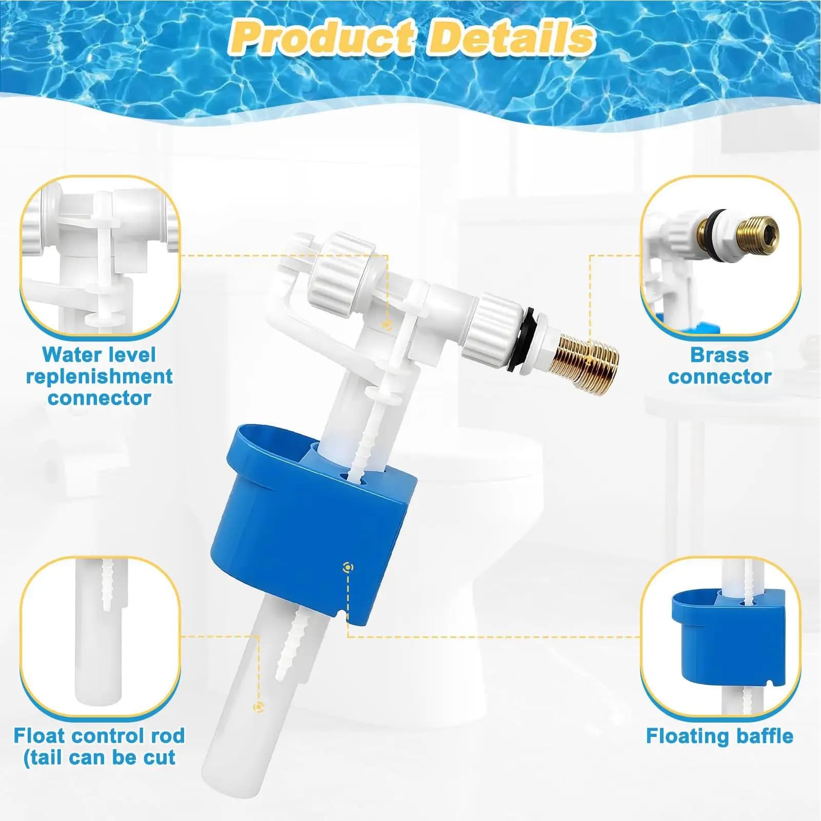 Detalhes da válvula de descarga para vaso sanitário com conector de latão e controle de nível de água