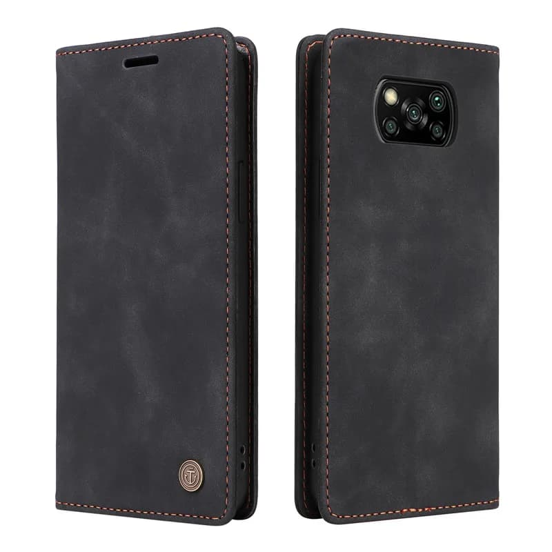 Capa carteira preta em couro sintético para Xiaomi Poco X3 Pro com fechamento magnético e suporte de ventosa