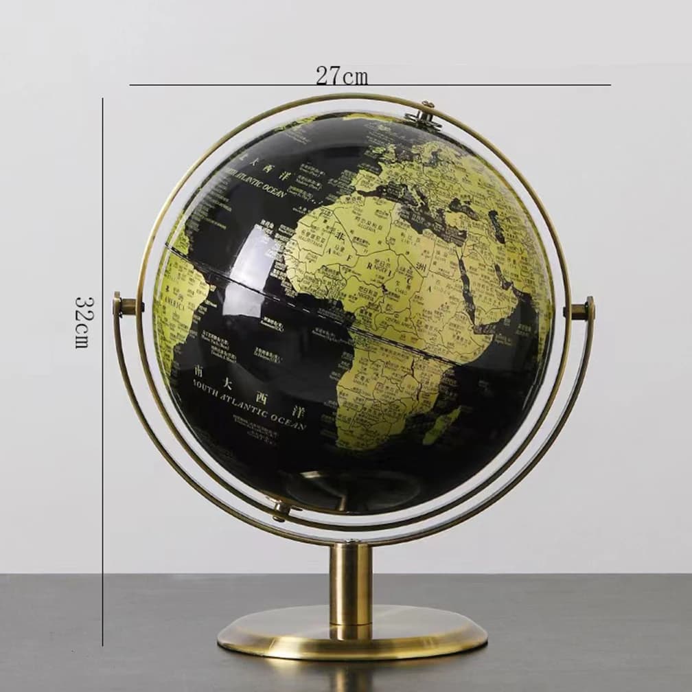 Globo decorativo moderno preto e dourado com mapa do mundo verde para decoração de mesa