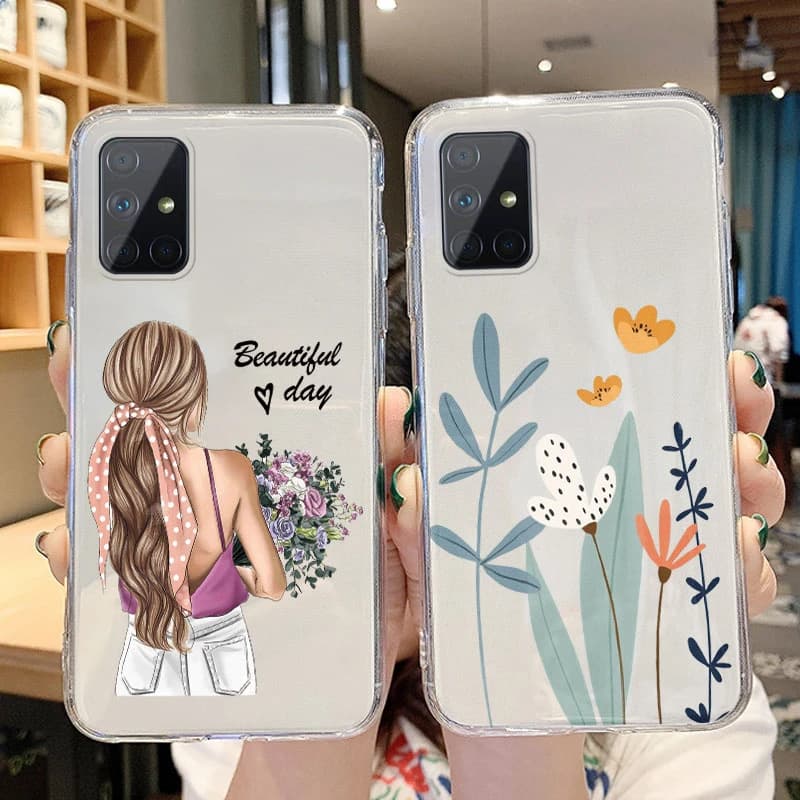 Capa para Samsung Galaxy A51 A71 5G com desenho de mulher e flores, transparente