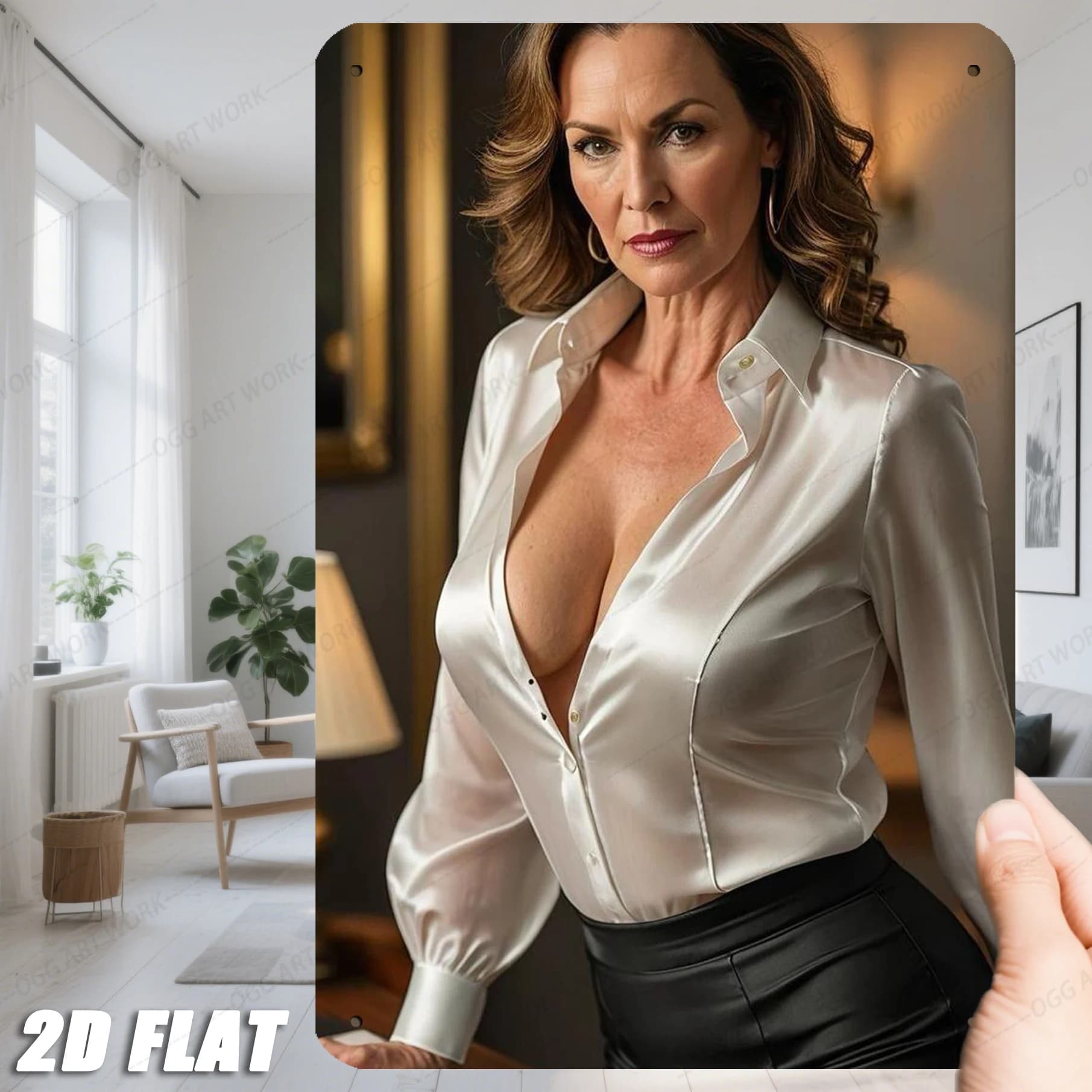 Placa decorativa metal 2D flat com imagem mulher de camisa branca em ambiente interno