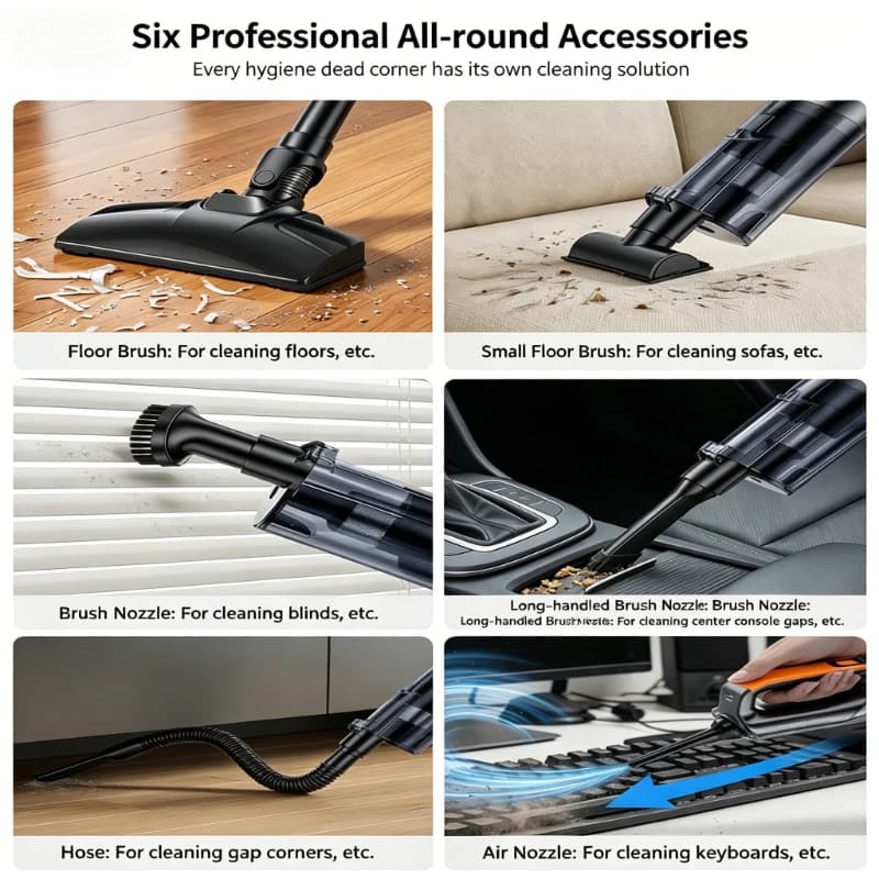 Aspirador de pó portátil preto com acessórios profissionais para limpeza de pisos, sofás, persianas, cantos e teclado