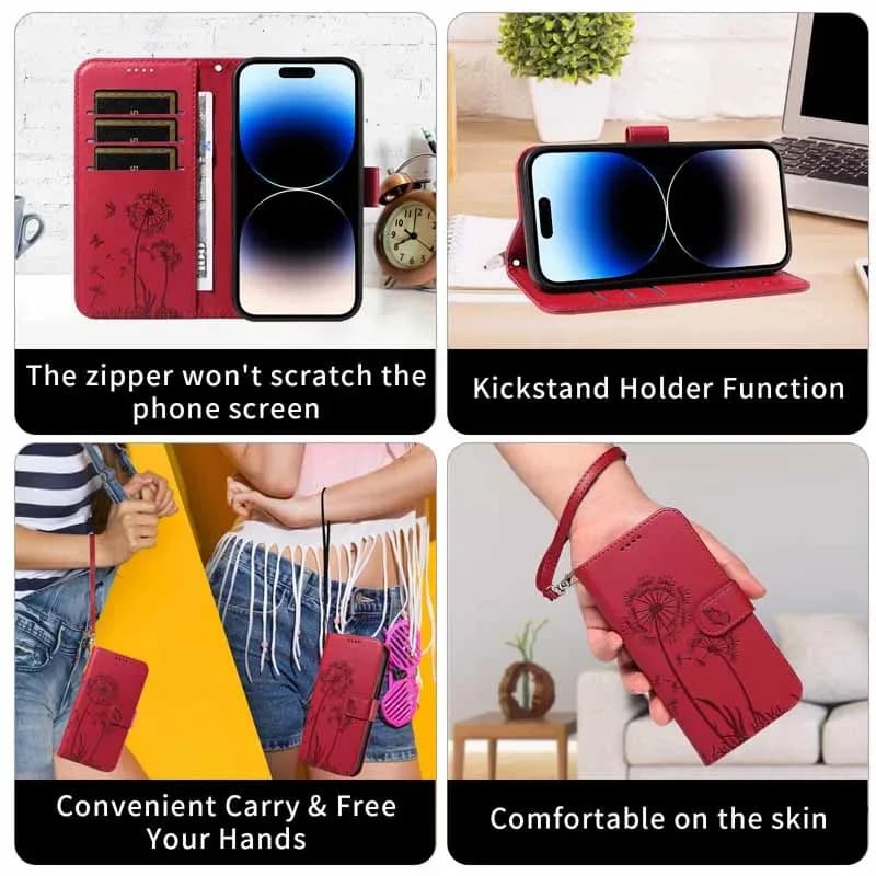 Capa carteira vermelha para celular com porta-cartões, suporte para mesa e alça para transporte