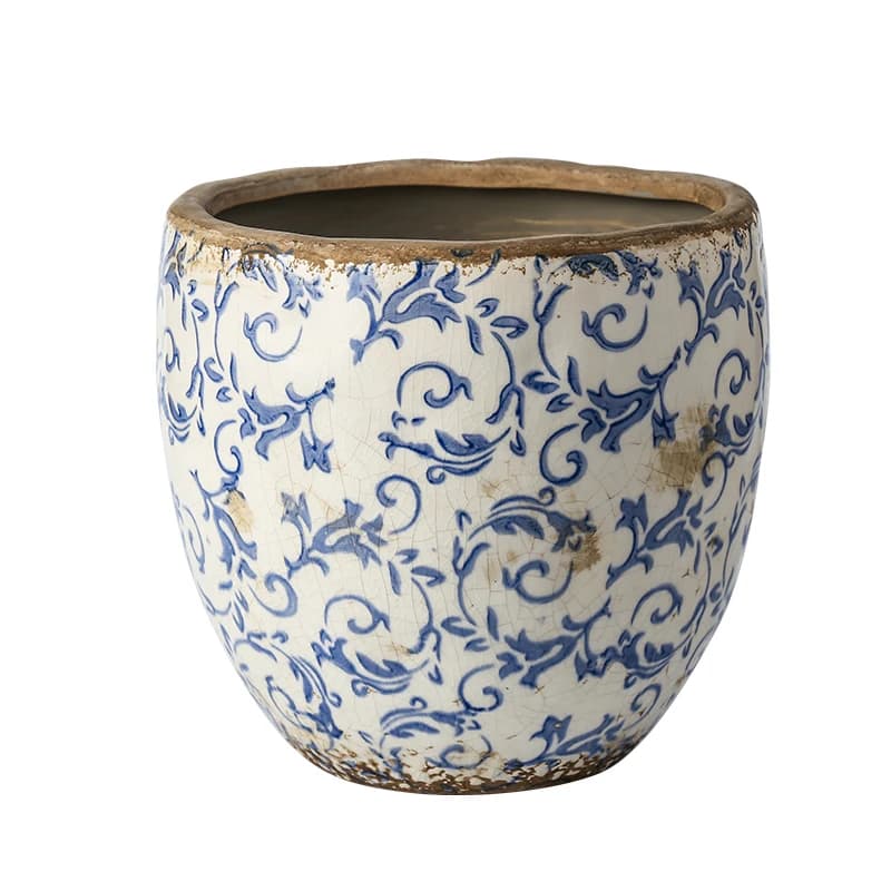 Vaso decorativo Jácotei linha Orquídea Borboleta em cerâmica azul e branca com acabamento rústico