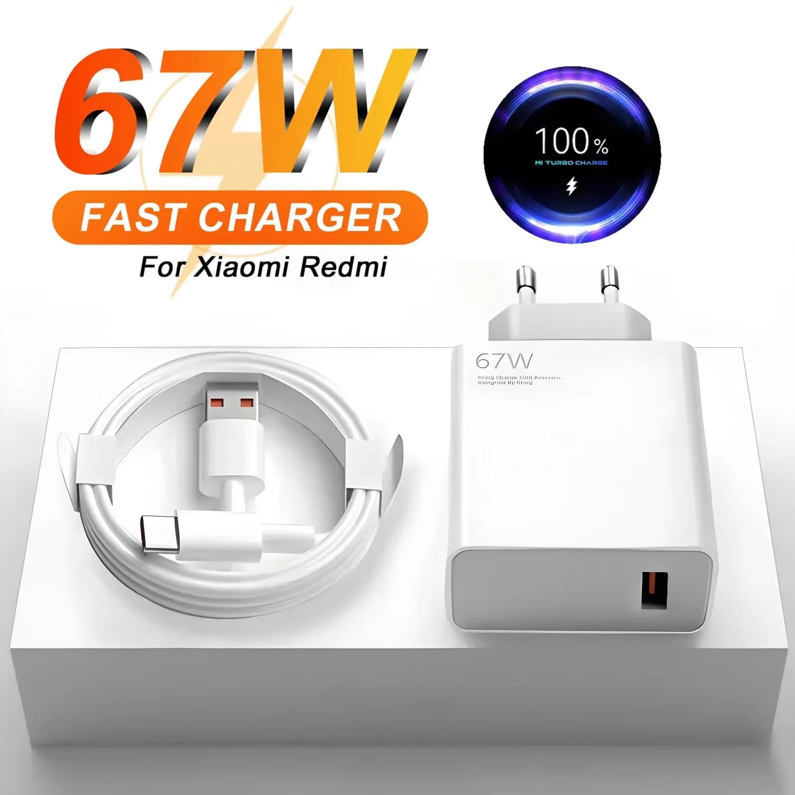 Carregador USB rápido 6A 67W para Xiaomi, branco com cabo USB tipo C.