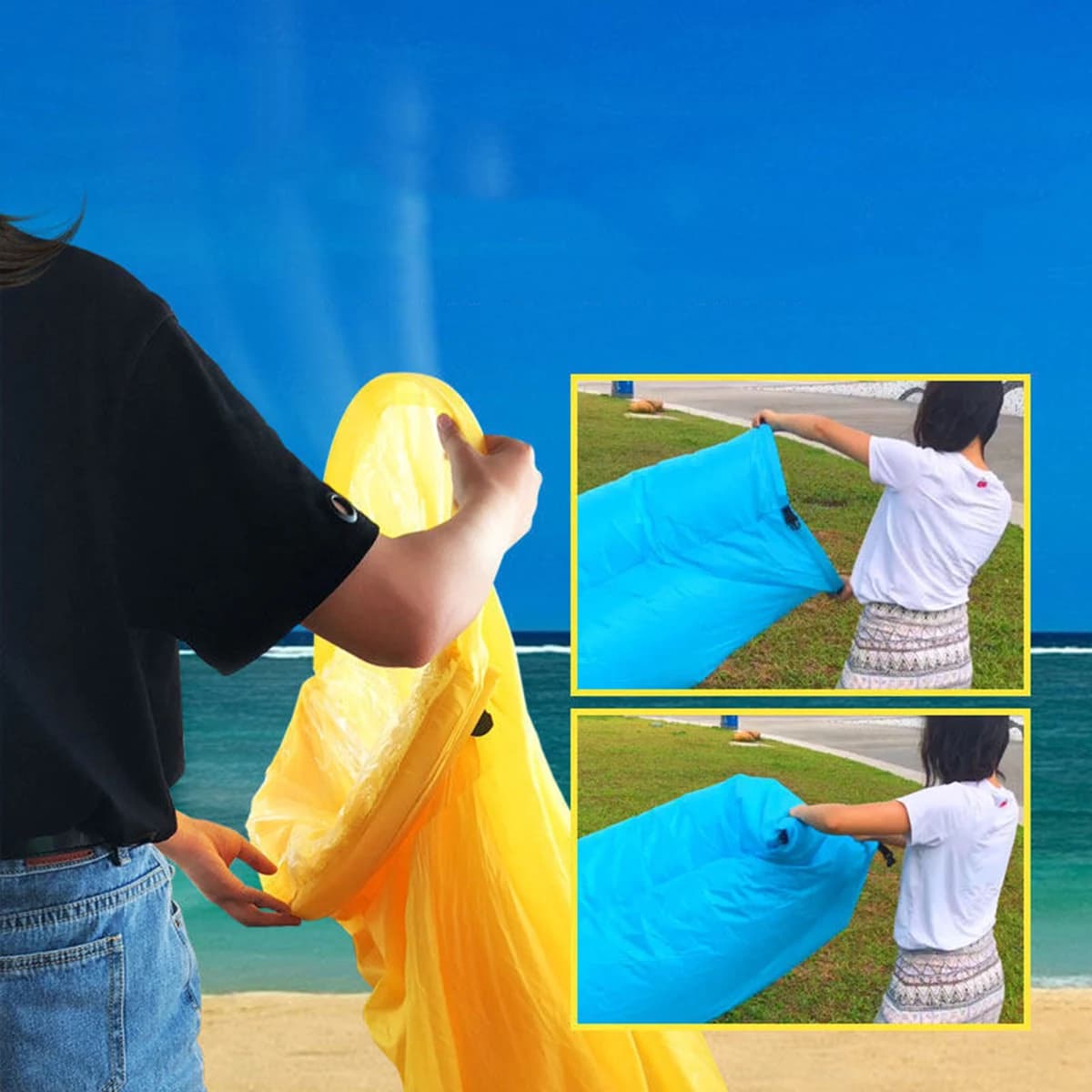 Pessoa inflando sofá inflável Lazyman amarelo portátil à beira da praia