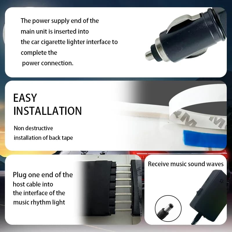 Kit de luz LED automotiva RGB com conector para isqueiro 12V e fita adesiva para instalação fácil no para-brisa traseiro