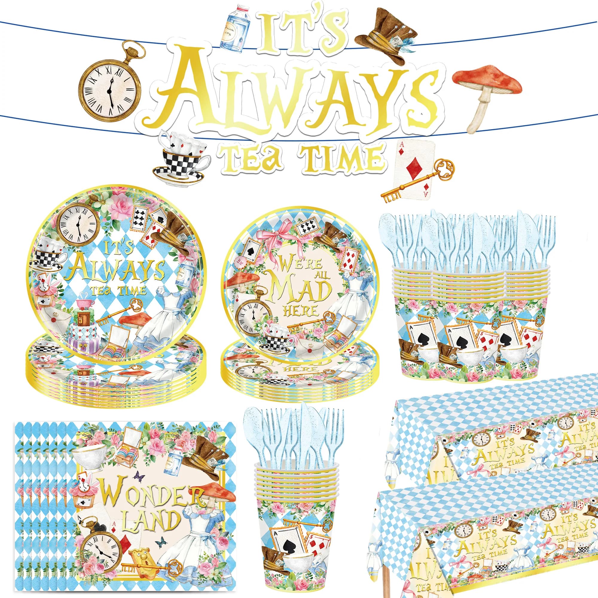 Alice utensílios de mesa descartáveis para decoração de festa de aniversário, prato de chá de bebê, copo, guardanapo, decoração