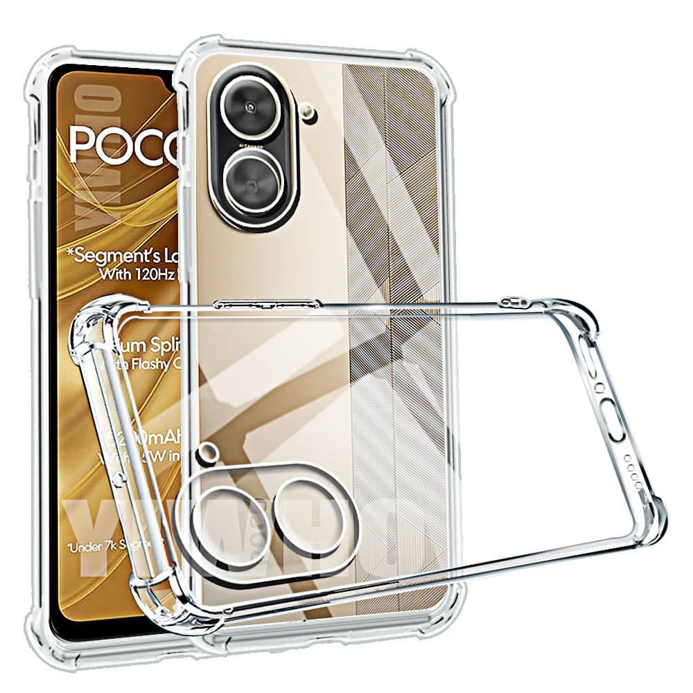 Capa transparente para Xiaomi Poco C71, transparente, com logo POCO, câmera dupla e flash visíveis