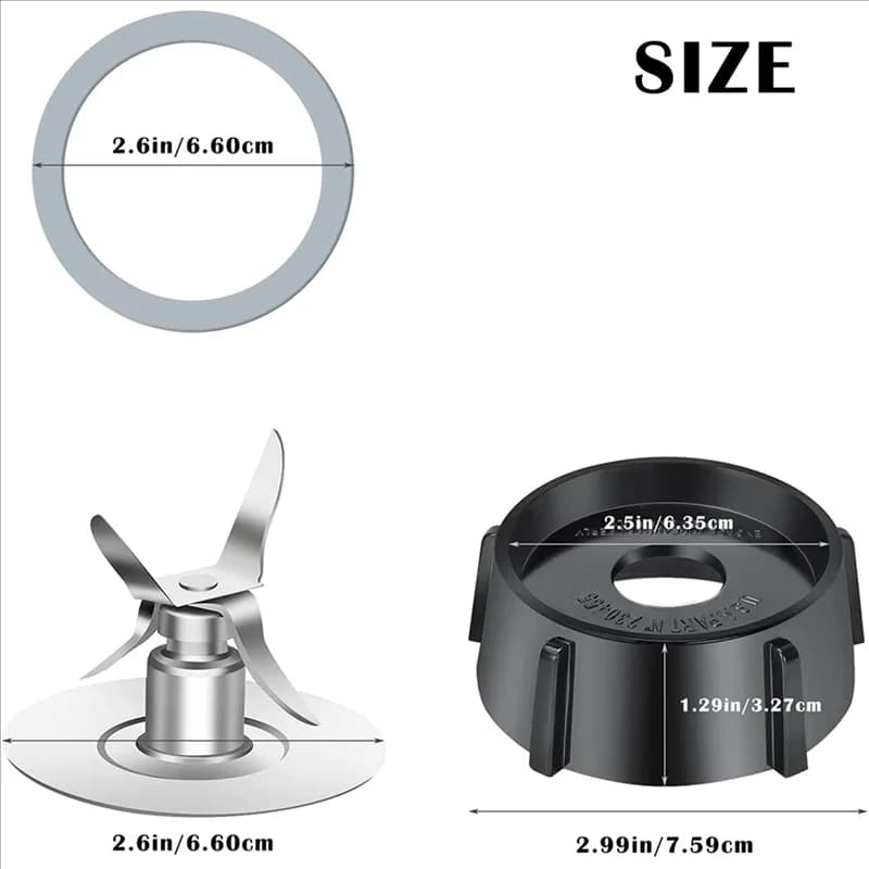Dimensões das peças de reposição para liquidificador Oster: lâmina 6,6 cm, junta 6,6 cm e base preta 7,59 cm
