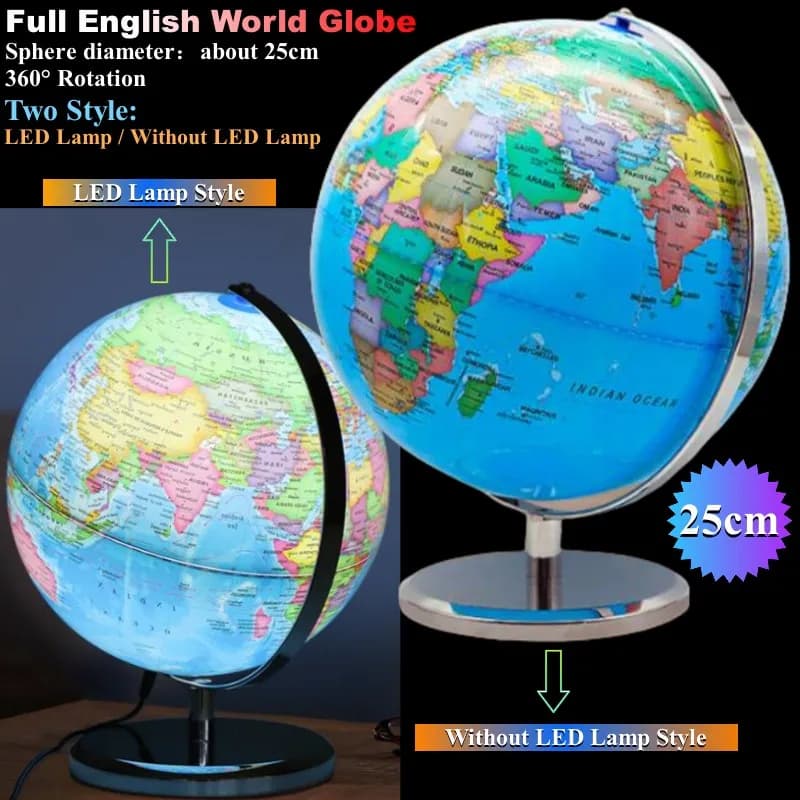 Globo Mundial LED de 25cm com Rotação 360° em Inglês