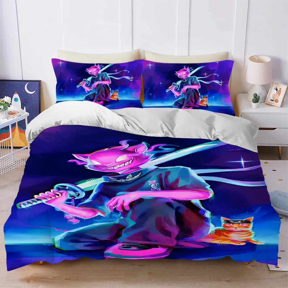 Capa de edredom Fortnite azul e roxa com personagem de espada e gato, conjunto macio 3 peças para cama