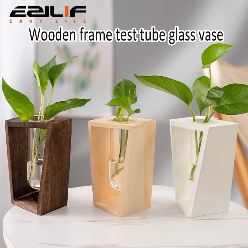 Vasos de madeira com estrutura de teste de tubo de vidro para plantas
